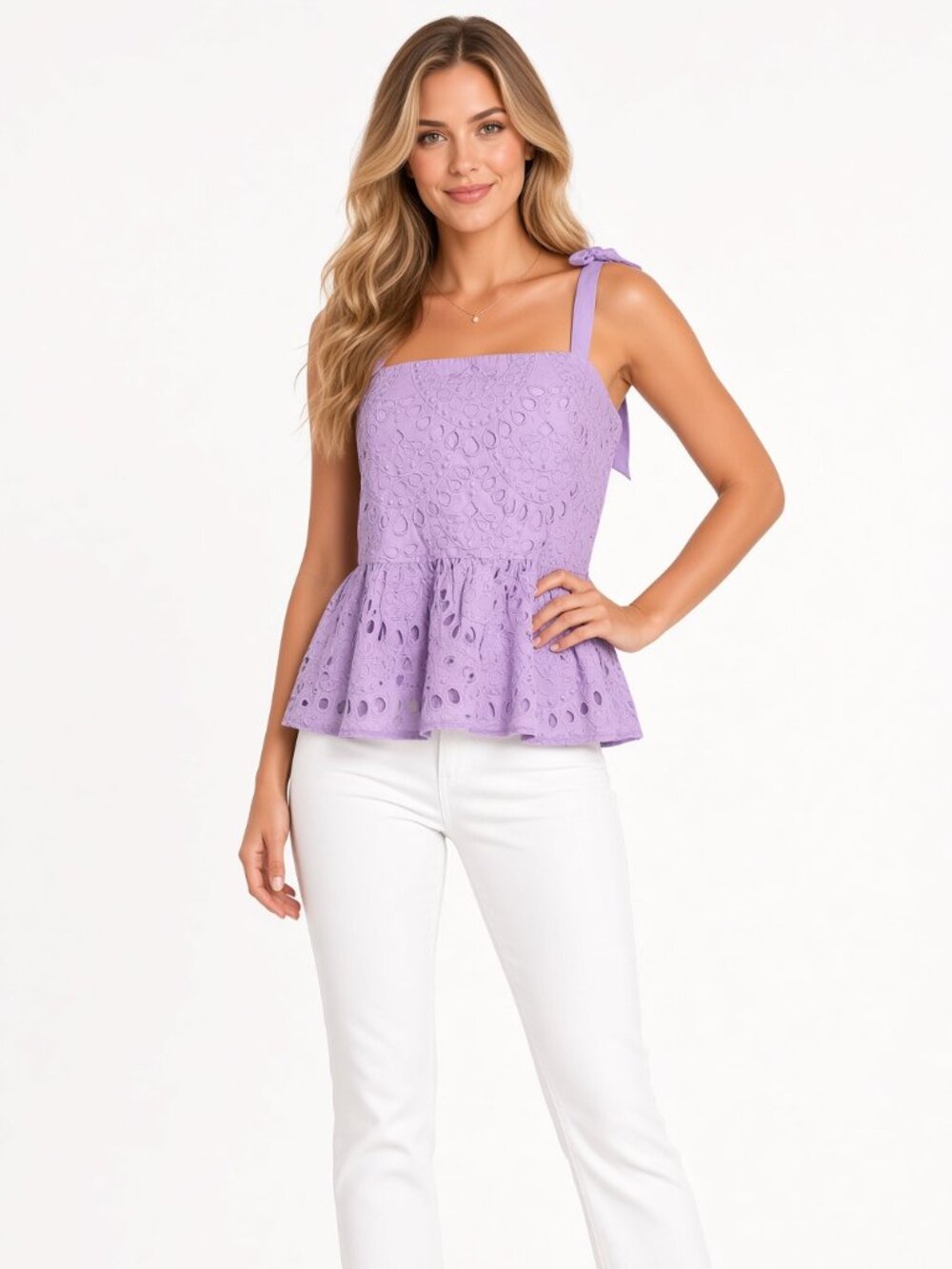 J.Crew Lavender Eyelet Tie-Shoulder Peplum Top